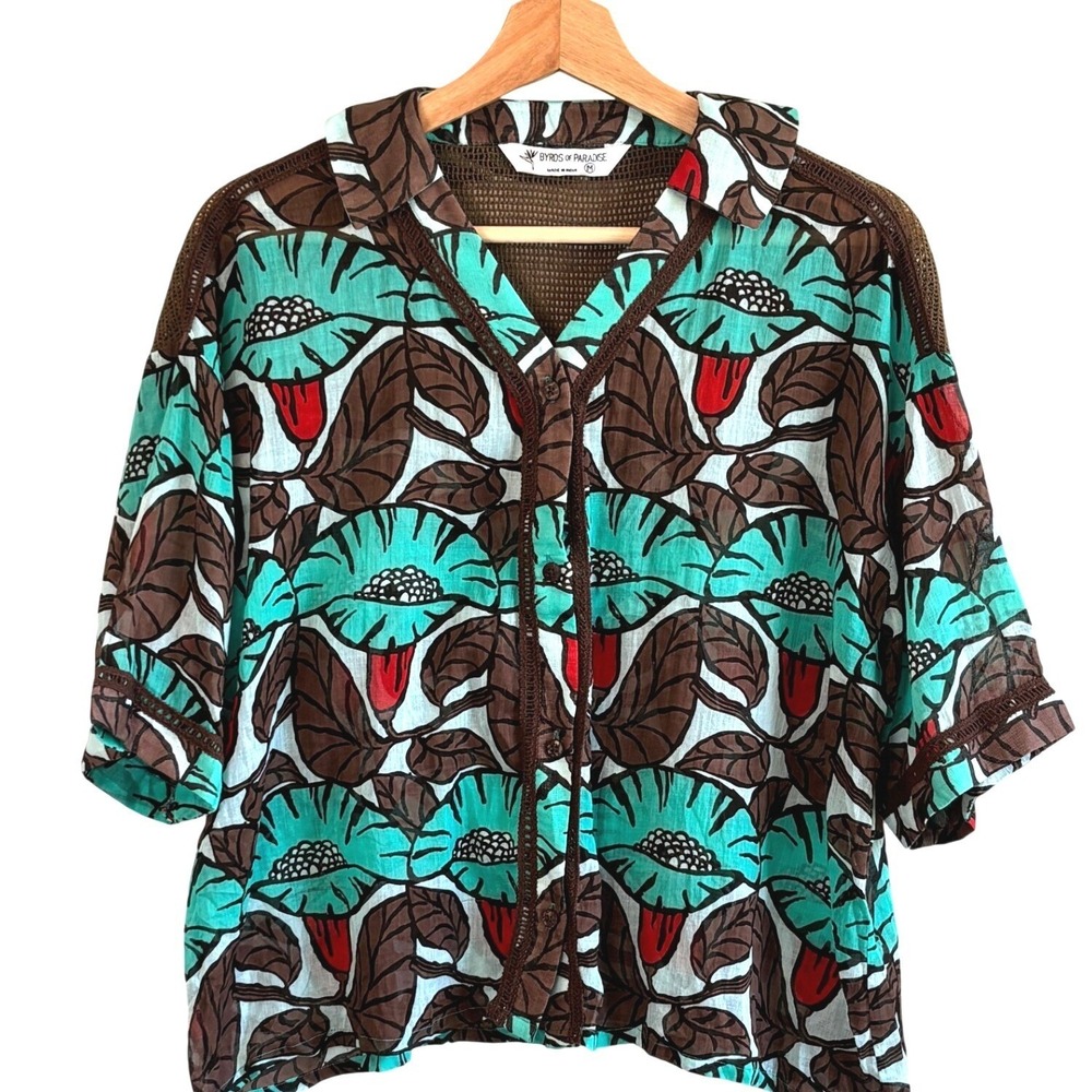 Byrds of Paradise Tropical Floral Mesh Back Blouse Teal Brown Womens Medium